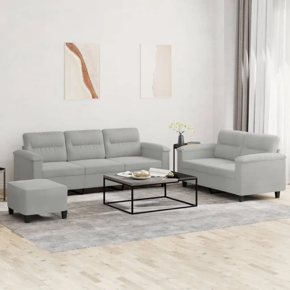 Set Divani 3 Pz Con Cuscini Grigio Chiaro İn Tessuto Microfibra /