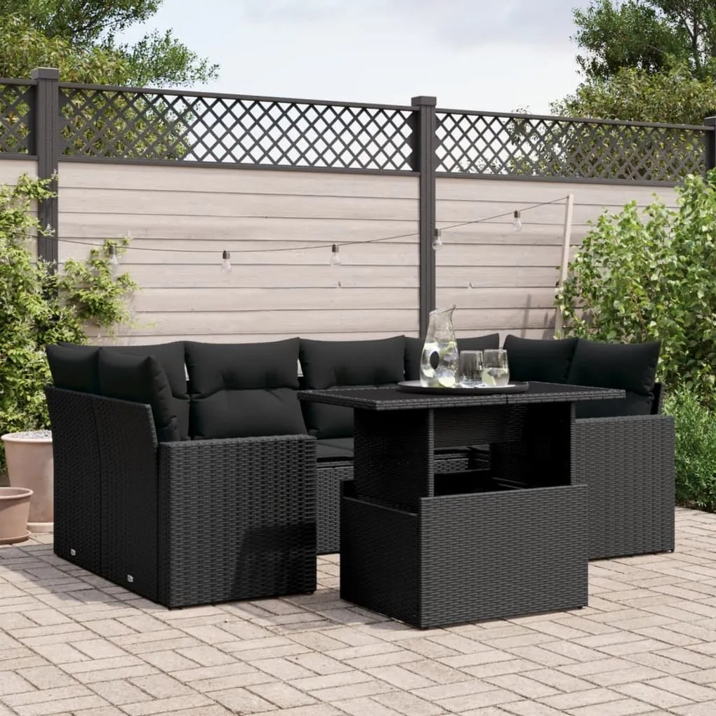 Set divani da giardino con cuscini 7pz nero polyrattan