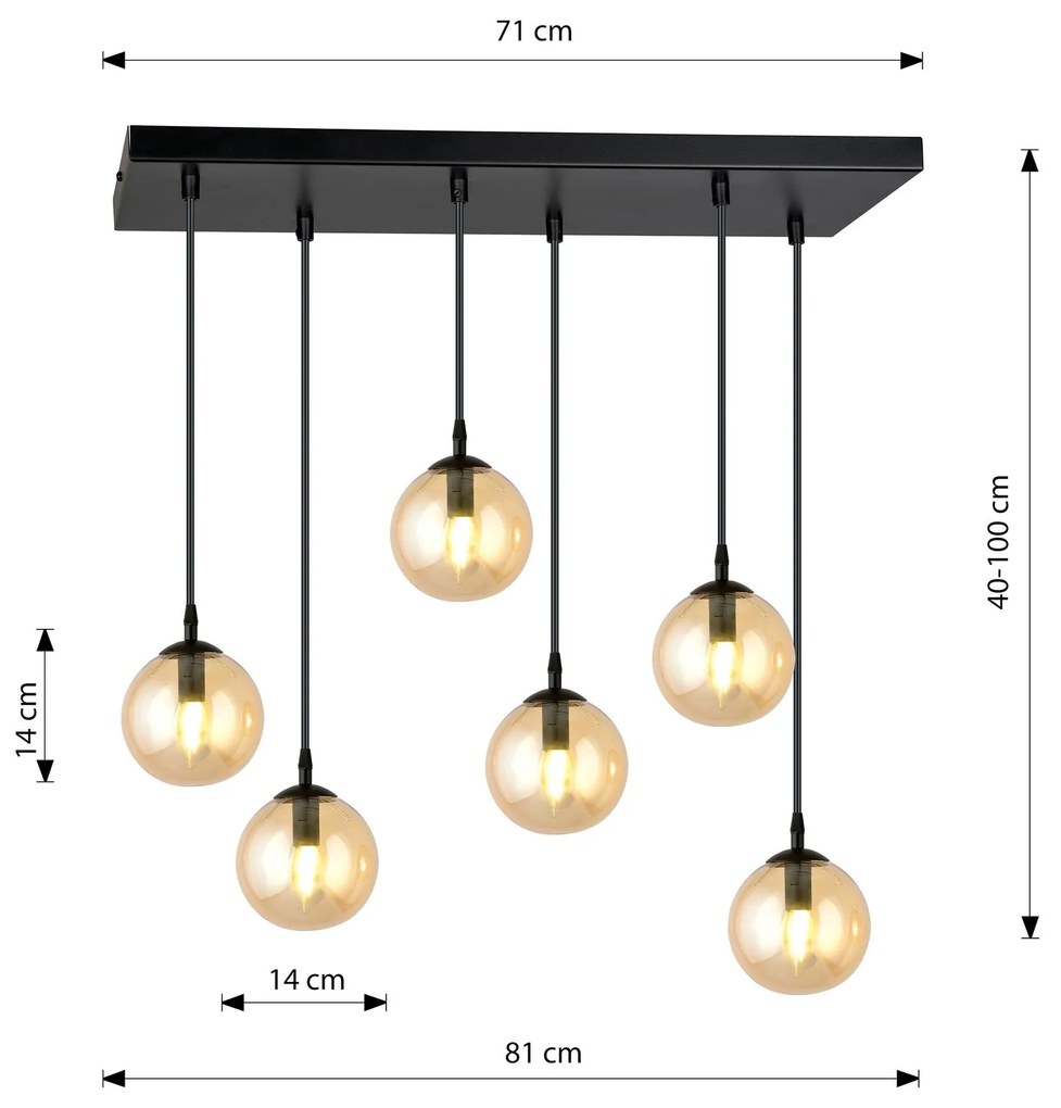 Sospensione Moderna 6 Luci Cosmo In Acciaio Nero E Sfere In Vetro Ambra