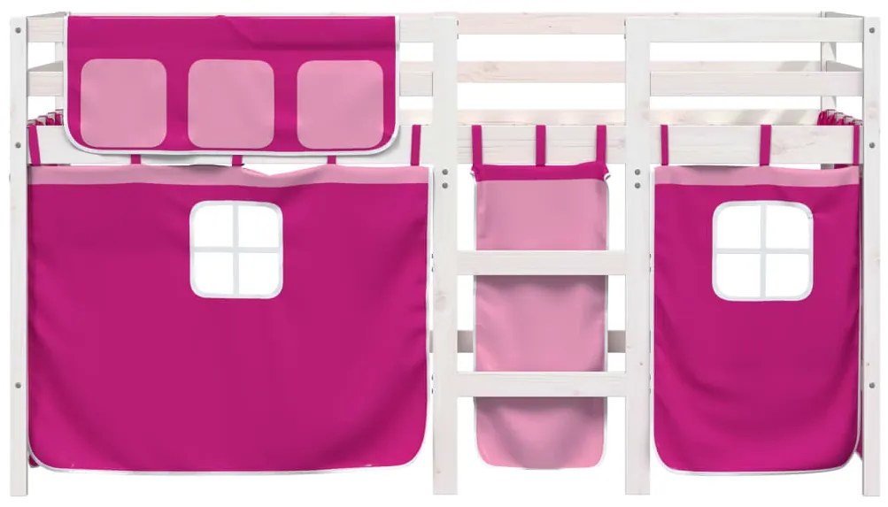 Letto a soppalco con tende bambini rosa 80x200 cm massello pino