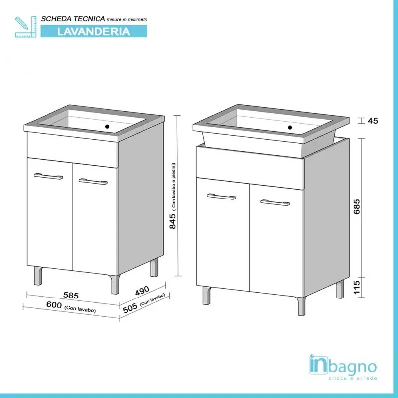 Mobile Lavatoio Bianco Lucido in ceramica 60x50 cm con strofinatoio integrato