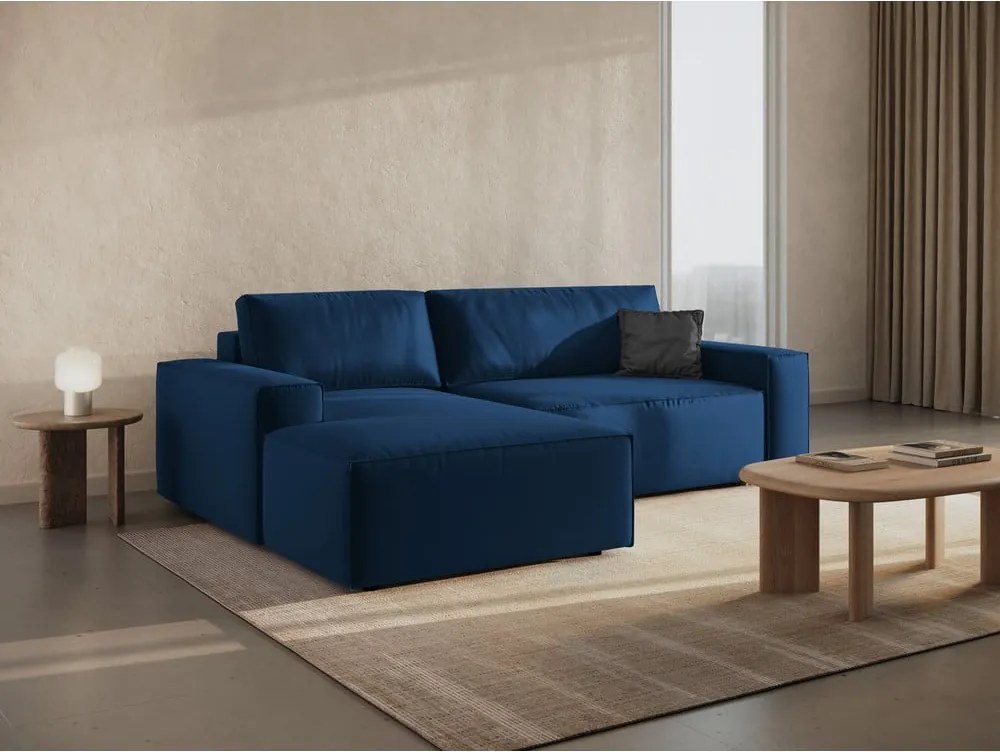 Divano angolare blu scuro allungabile/con contenitore (con penisola a sinistra/con chaise lounge) con rivestimento in velluto Jodie – Micadoni