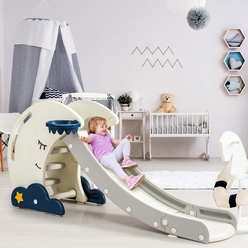 Costway Scivolo pieghevole a forma di luna con scale e canestro da basket, Scivolo per bambini per interno ed esterno