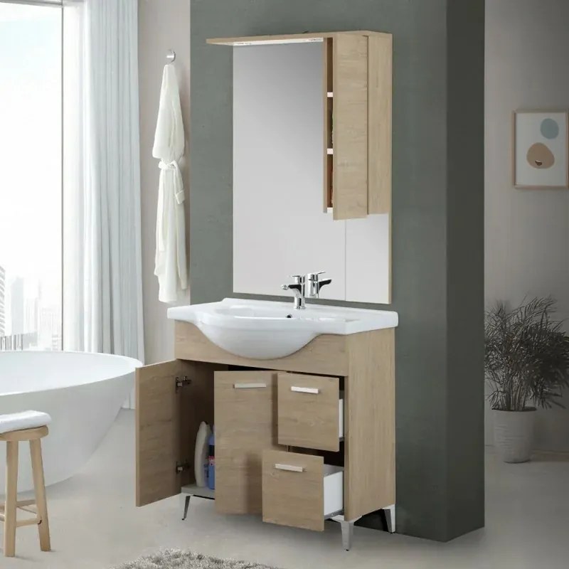 Mobile bagno a terra 85 cm rovere dolomite con pensile su specchio LED Desya