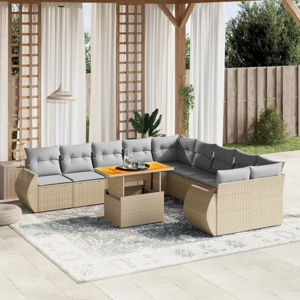 Set divani da giardino 11 pz con cuscini beige in polyrattan