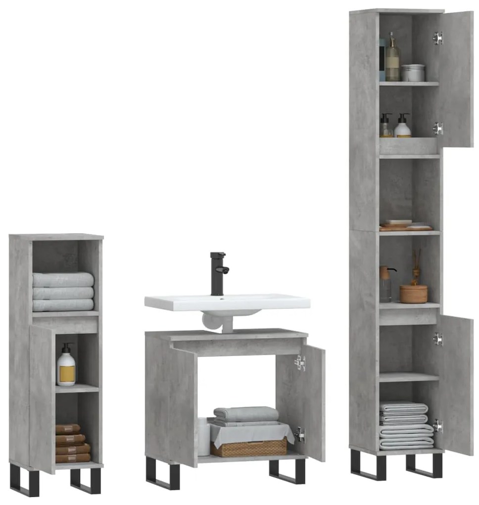 Set di mobili da bagno 3 pz grigio cemento in legno multistrato