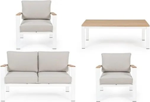 Salotto Da Esterno In Alluminio Bianco Inserti Legno Con Cuscini E Tavolino Belmar Bizzotto