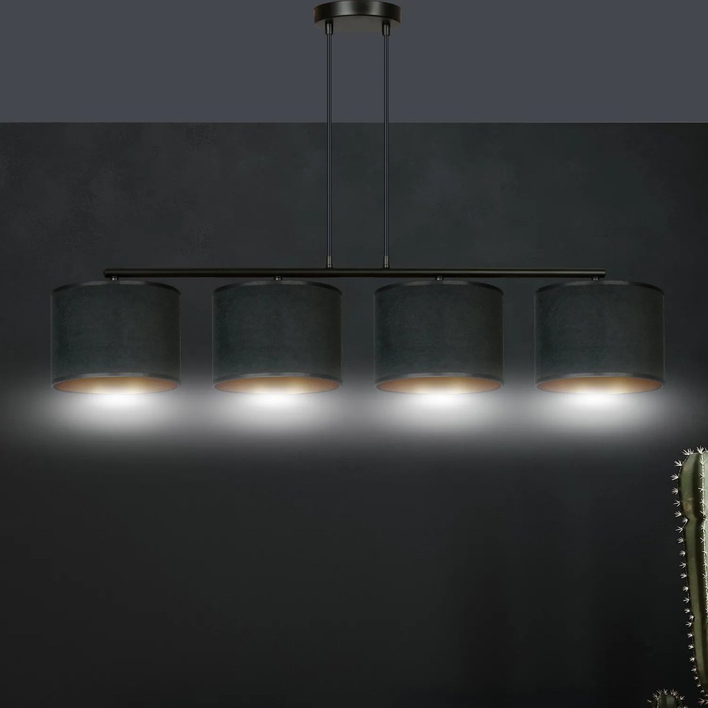 Lampadario 4 Luci Ganesha In Acciaio Nero E Paralumi In Tessuto Nero