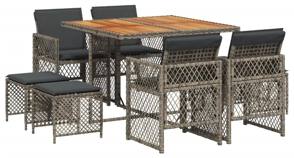 Set da pranzo da giardino 9 pz con cuscini in polyrattan grigio