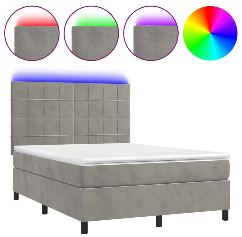 Letto a molle materasso e led grigio chiaro 140x190 cm velluto