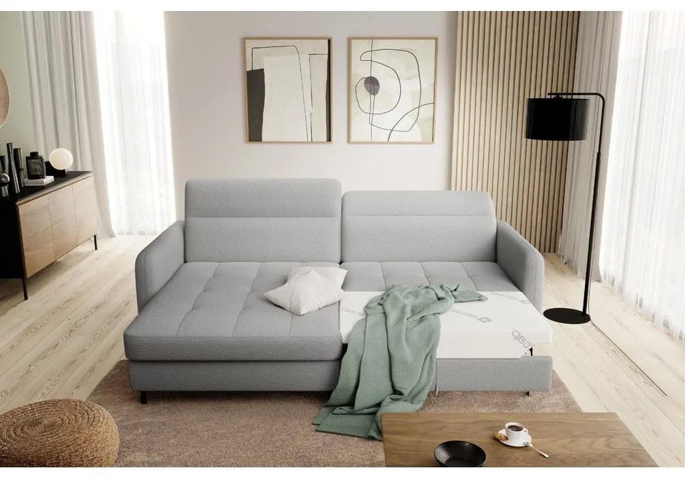 Divano angolare grigio allungabile/con contenitore (con penisola a sinistra/con chaise lounge) e rivestimento in bouclé Gomsi – ELTAP