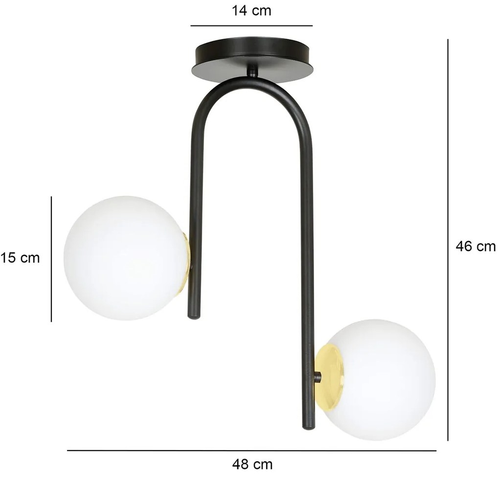 Lampadario 2 Luci Kalf In Acciaio Nero A Bracci E Sfere In Vetro Opalino E Oro