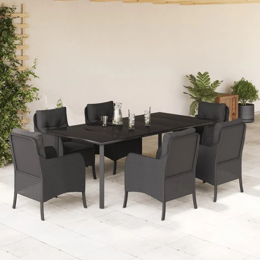 Set da pranzo da giardino 7 pz nero con cuscini in polyrattan