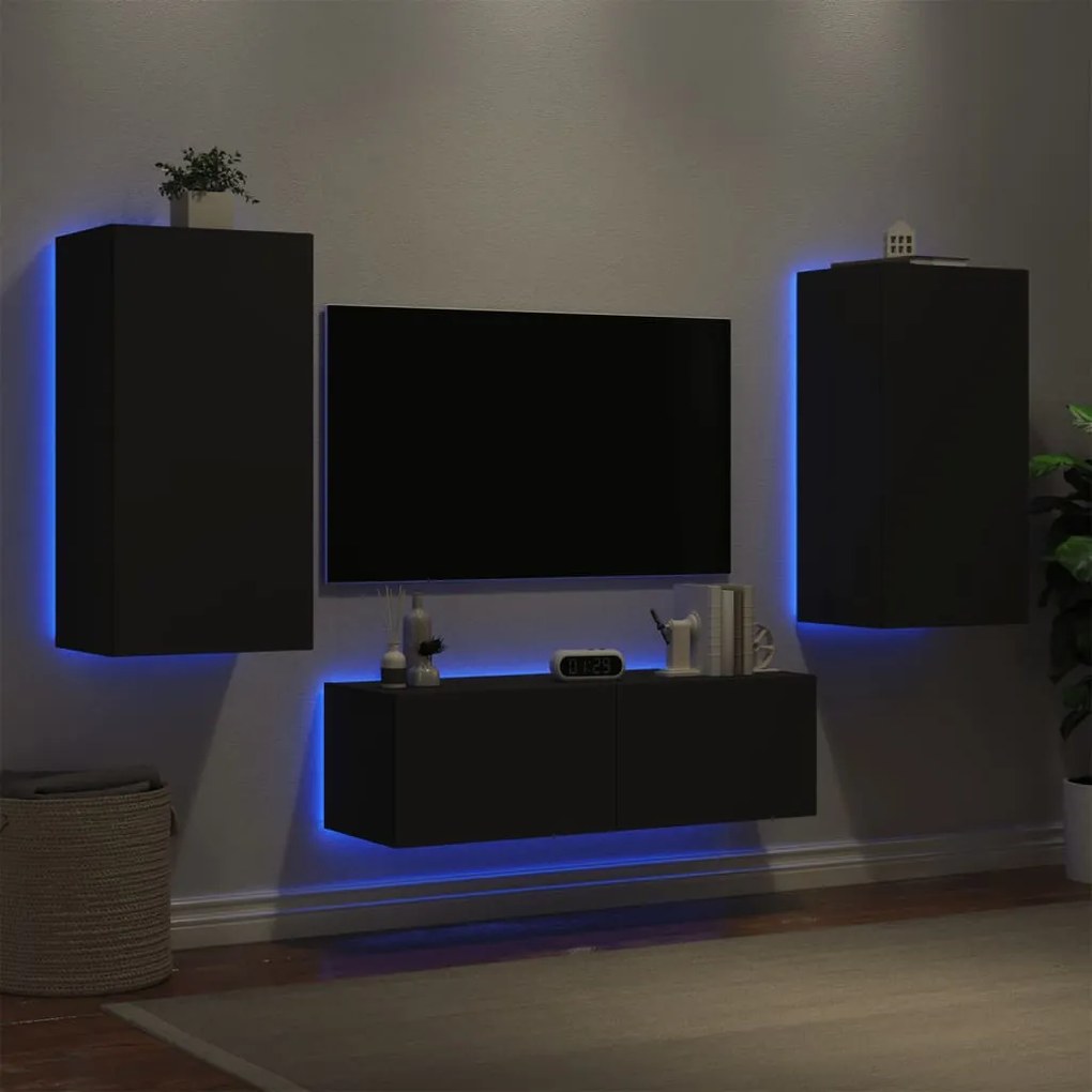 Mobili tv a muro 3pz con luci led neri