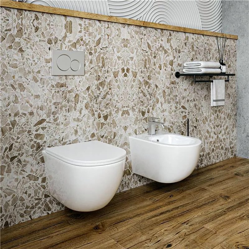 Coppia sanitari sospesi Linea Emme rimless scarico a vortice sedile soft close