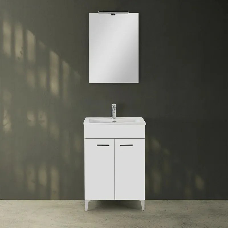 Mobile bagno a terra 60 cm bianco lucido con 2 ante lavabo e specchio Martha