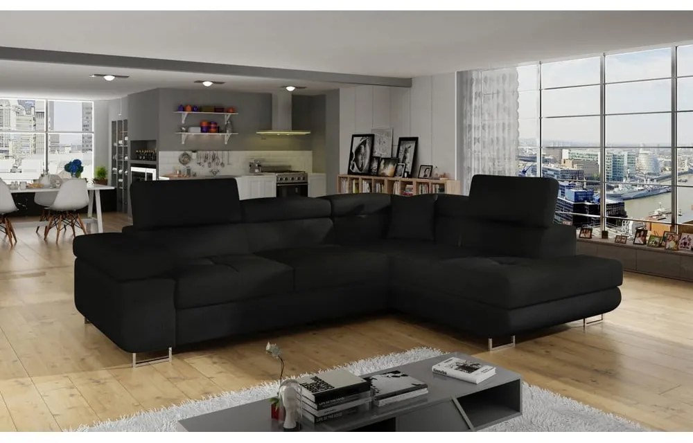 Divano angolare nero allungabile/con contenitore (con penisola a destra/a L) Anton – ELTAP
