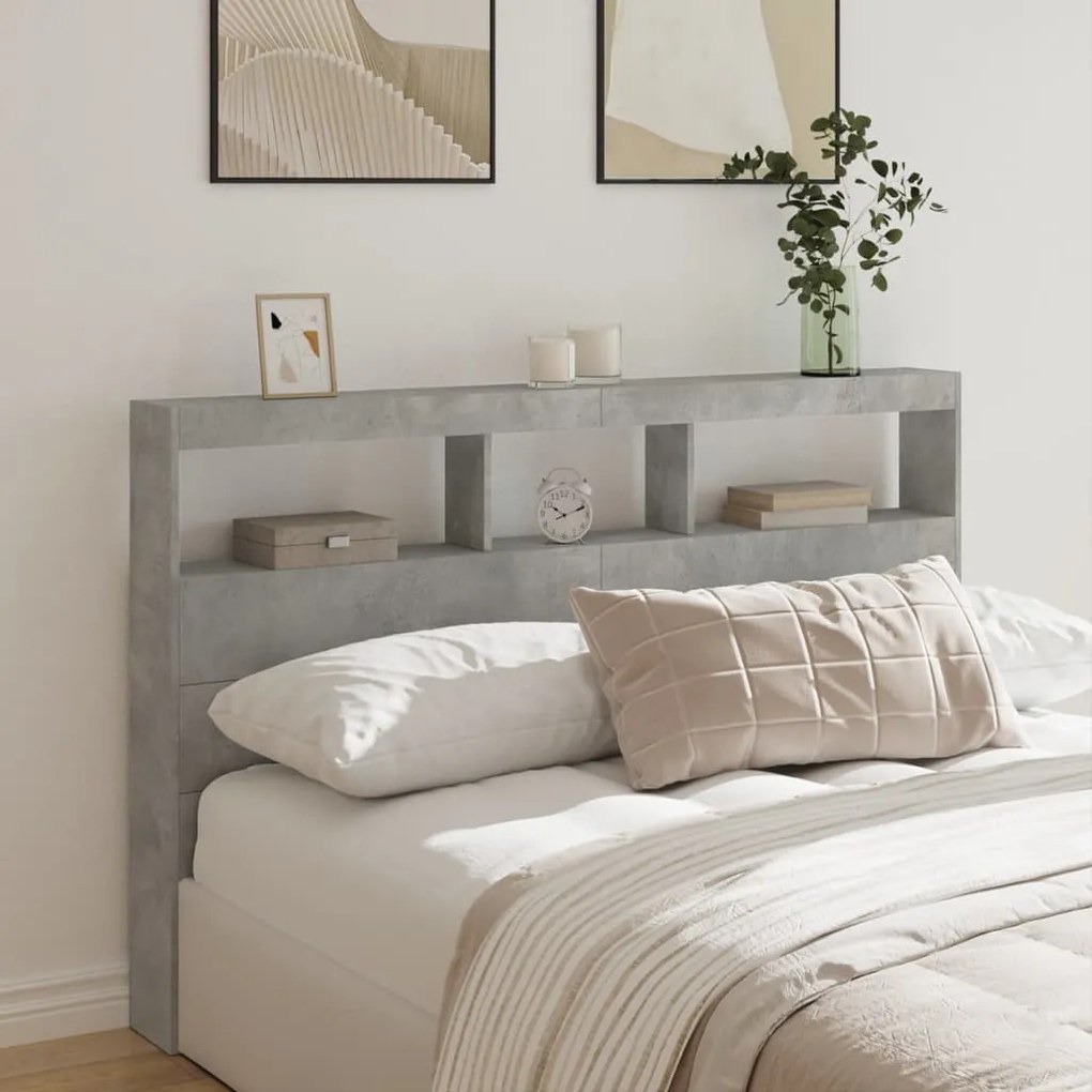 Testiera Con Contenitore A Led Grigio Cemento 160x17x102 Cm /