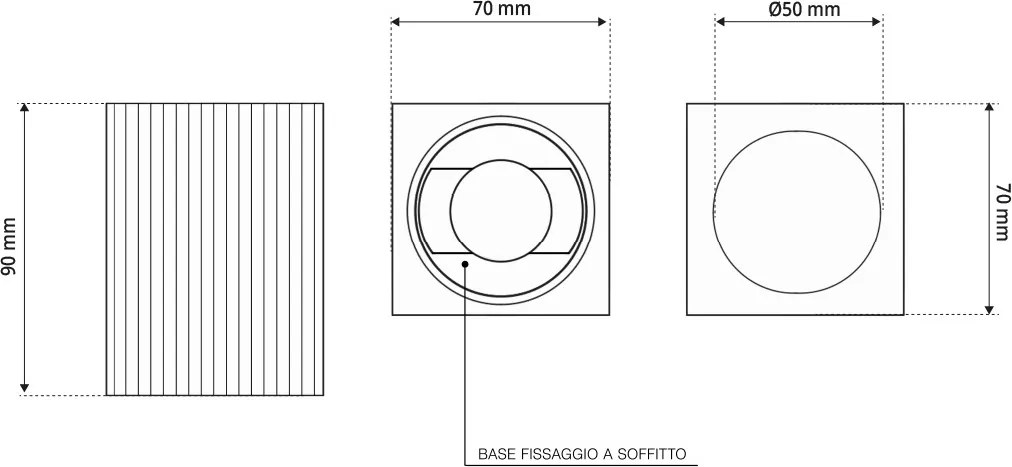 Plafoniera Quadrata 70x70mm h90mm GU10 in Gesso Rigato