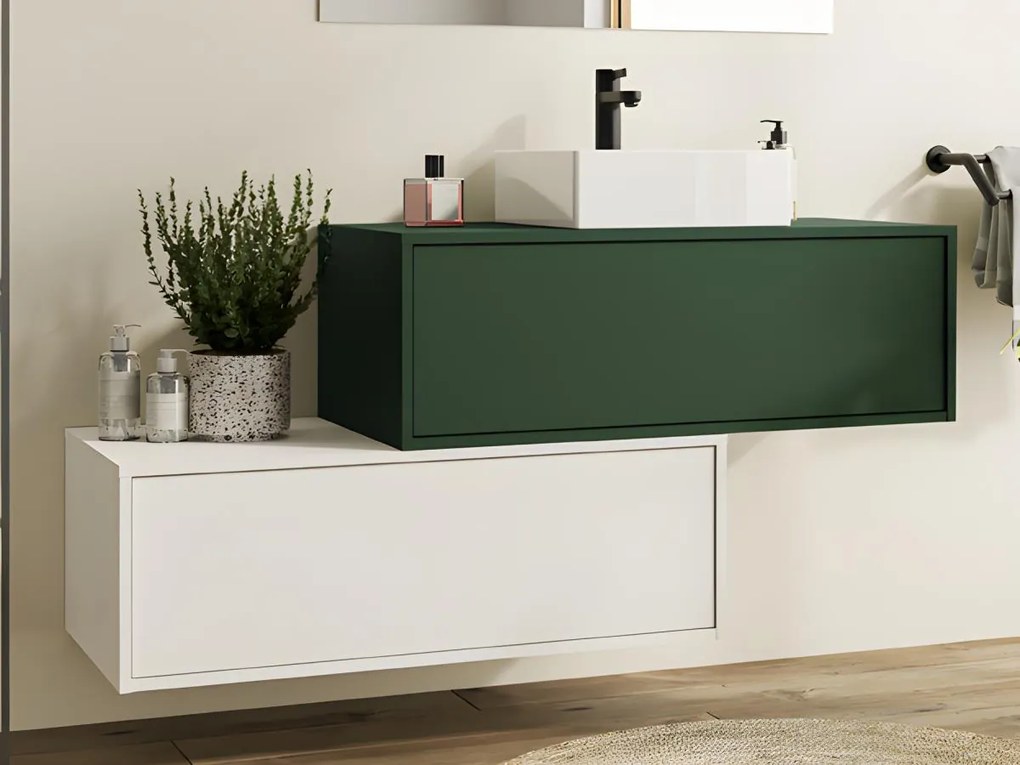 Mobile per bagno sospeso con lavabo singolo e due cassetti 94 cm Verde e Bianco - TEANA II