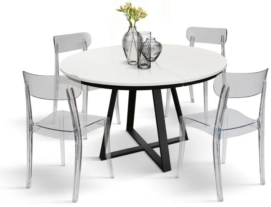 Tavolo rotondo PANTELLERIA in legno effetto bianco frassinato con base a X in metallo antracite, allungabile ⌀120 cm &#8211; ⌀170 cm