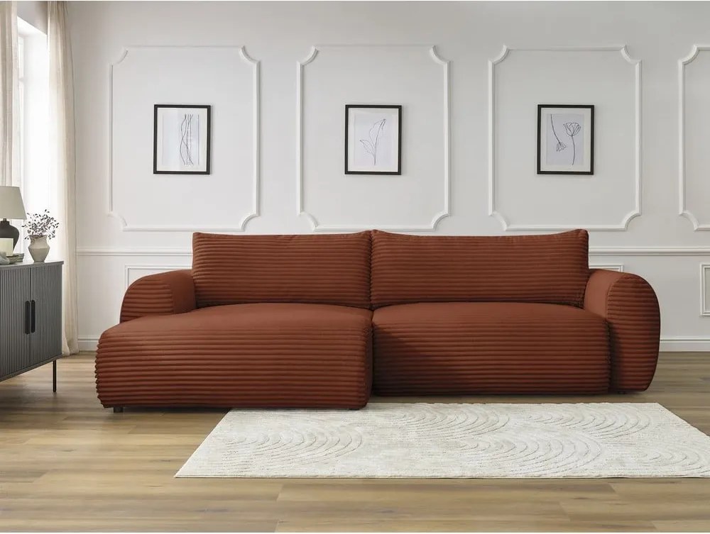 Divano angolare color mattone allungabile (con penisola a sinistra) con rivestimento in velluto a coste Lucien – Bobochic Paris