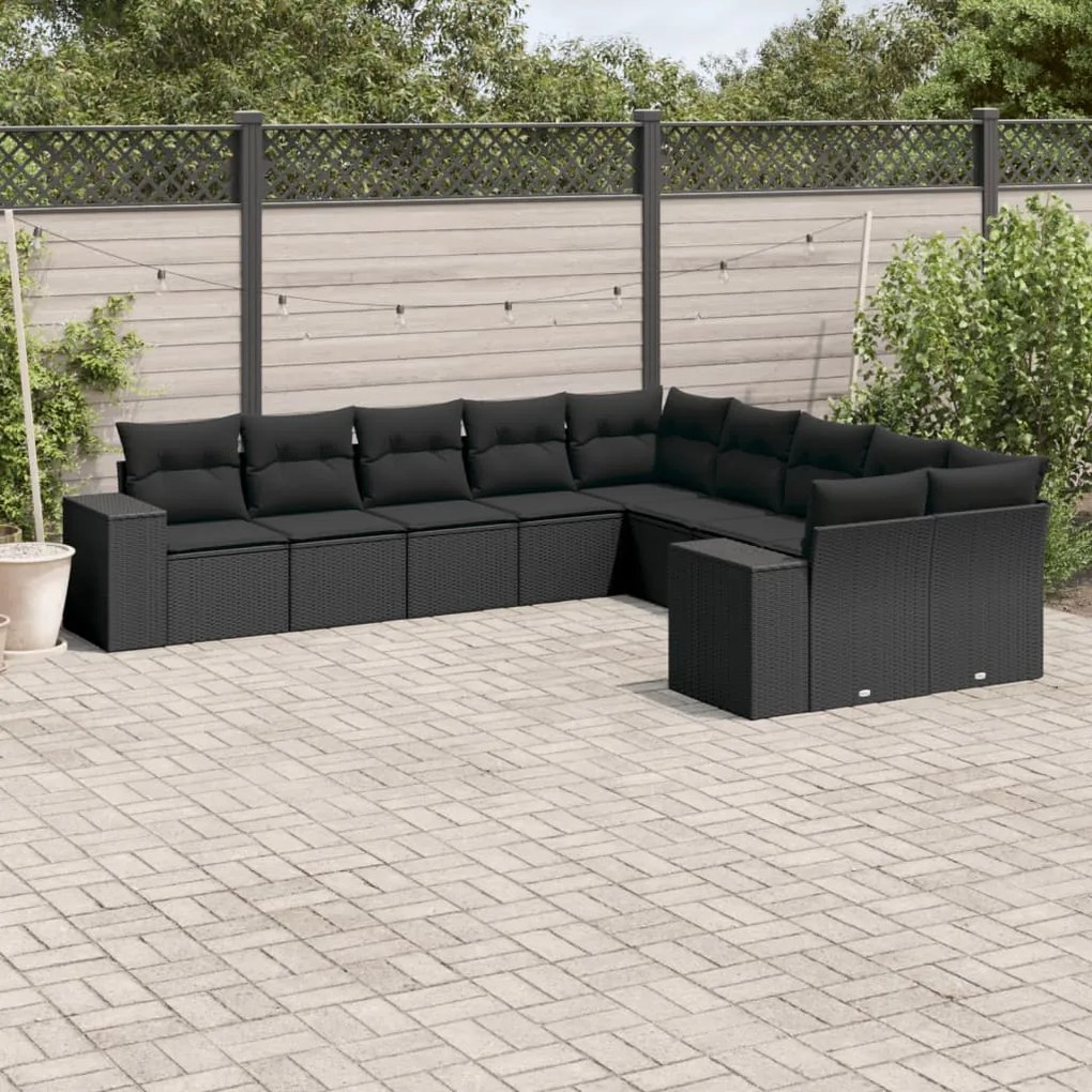 Set Divani da Giardino 10pz con Cuscini in Polyrattan Nero