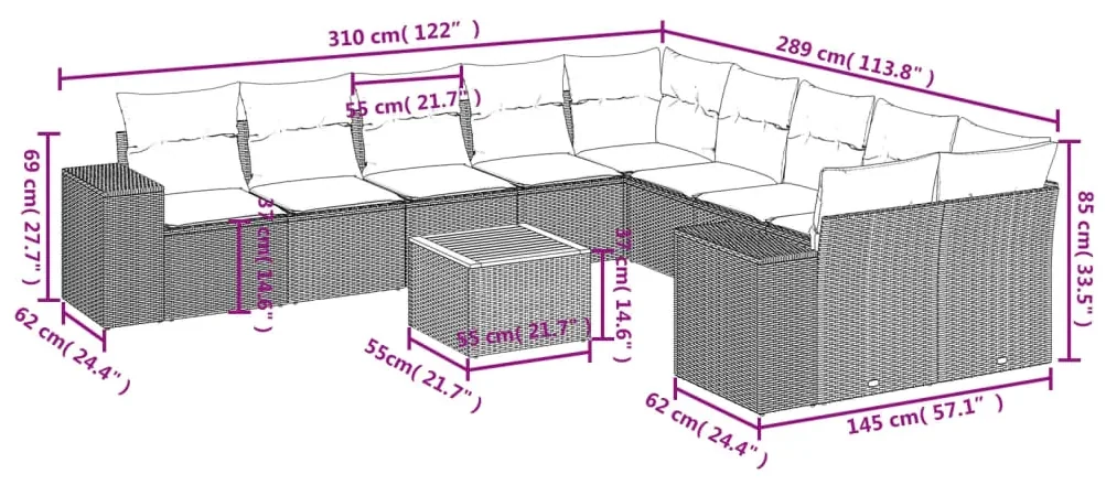 Set divani da giardino 11 pz con cuscini in polyrattan grigio