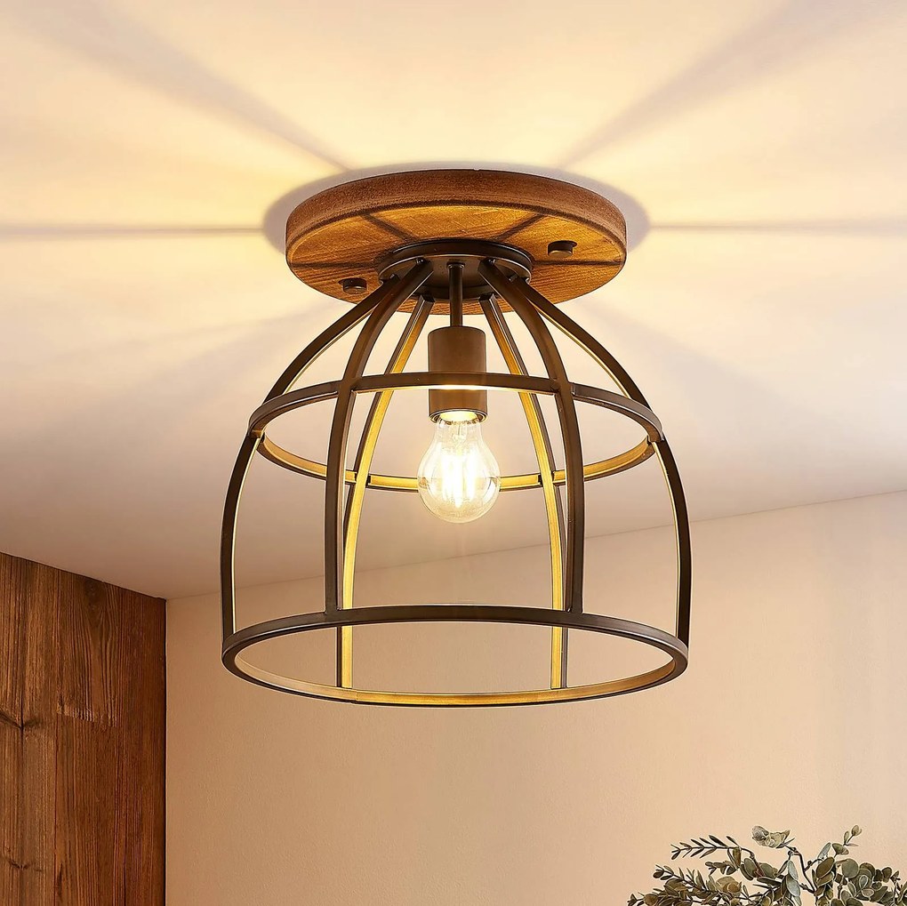 Plafoniera soffitto Rutger Lindby, dimmerabile, Legno scuro, Soggiorno / Sala da pranzo, Legno, Vintage, Plafoniera