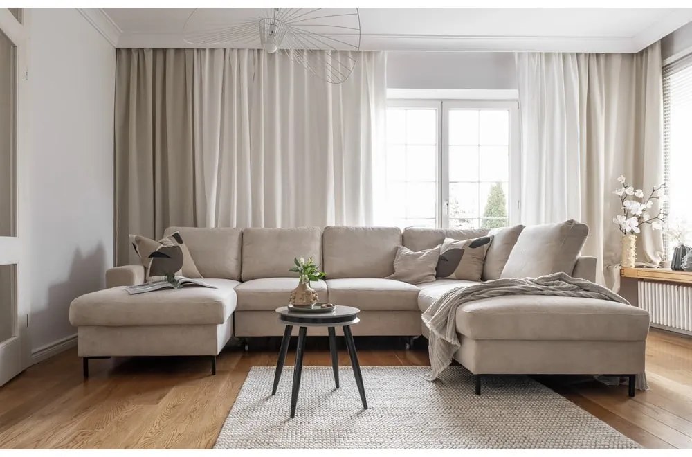 Divano letto angolare in velluto a coste beige (angolo destro) Lofty Lilly - Miuform