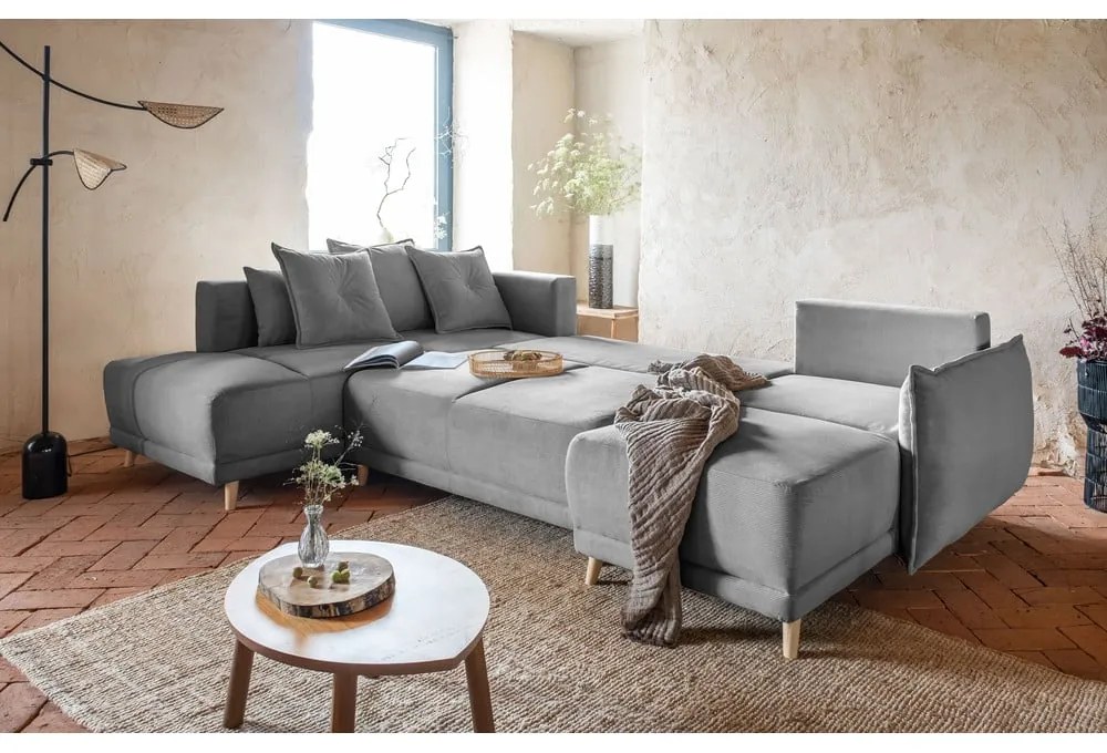 Divano letto angolare in velluto a coste grigio (angolo sinistro/"U") Lazy Lukka - Miuform