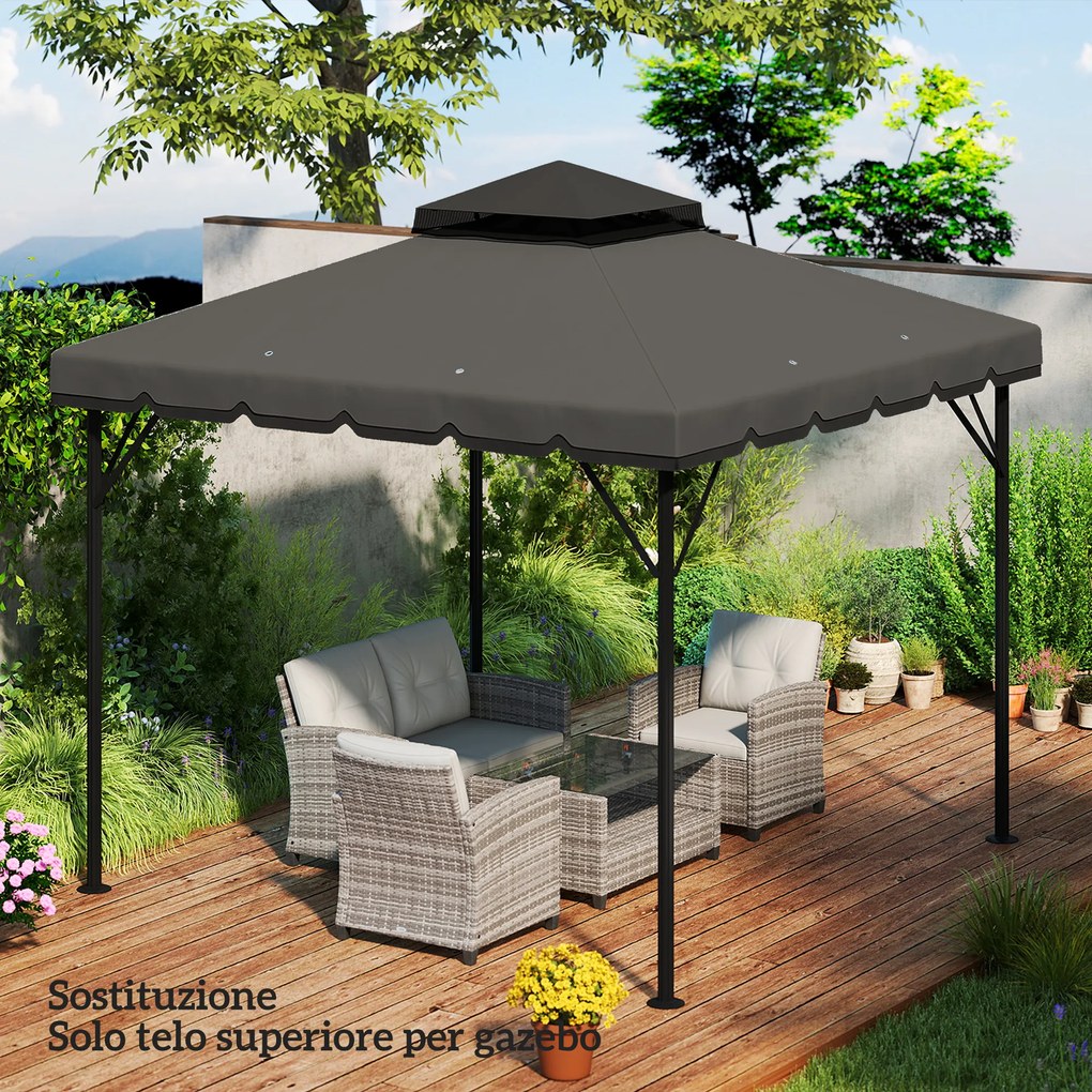 Telo di Ricambio Copertura per Gazebo 3x3 m a 2 Livelli con 8 Fori di Drenaggio in Poliestere Grigio Chiaro e Scuro...