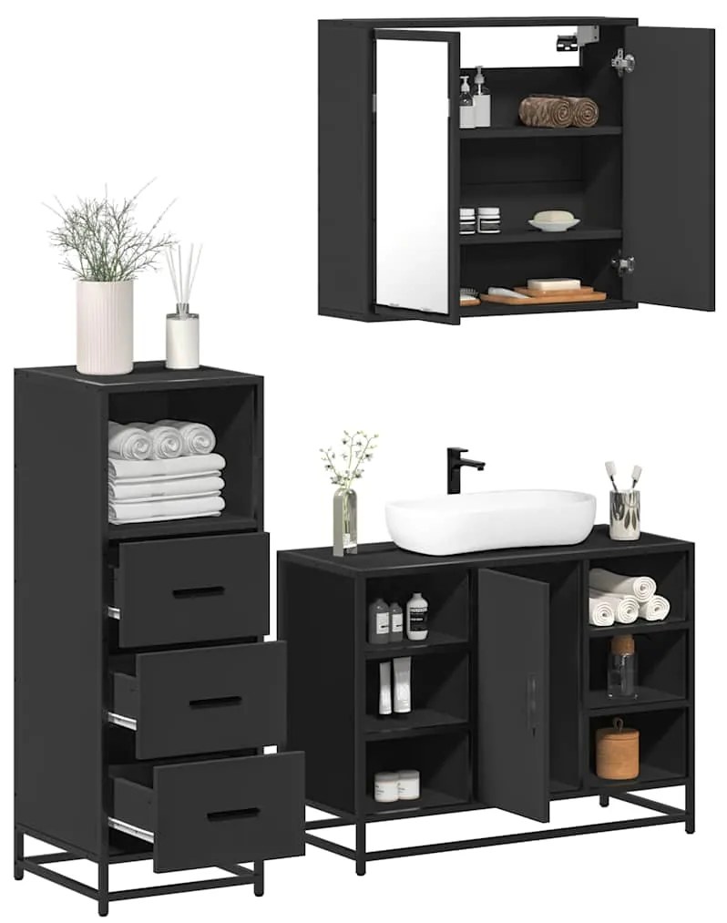 Set Mobili Da Bagno 3 Pz Nero İn Legno Multistrato /