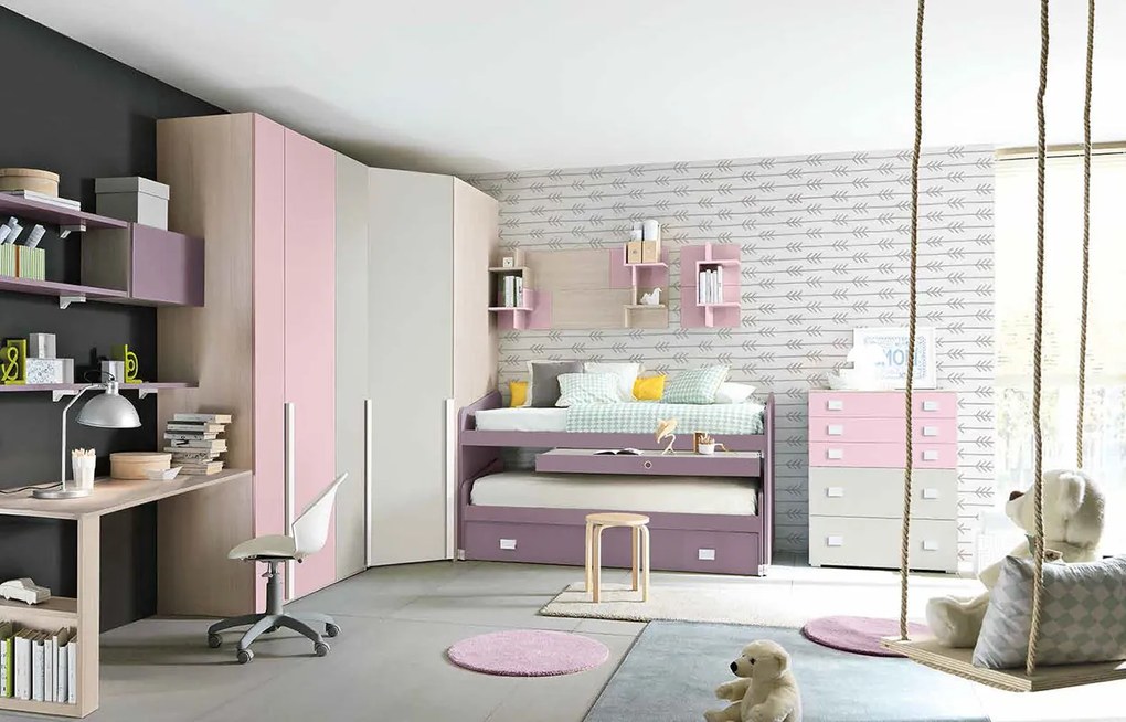 Cameretta con cabina angolare e letto multifunzionale, finitura Olmo, Violetta, Cipria e Nebbia
