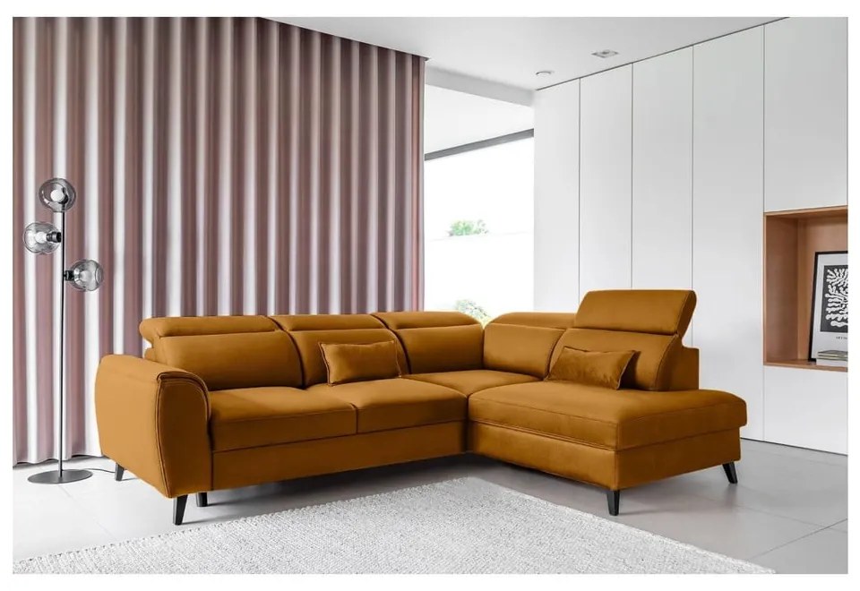 Divano angolare giallo allungabile/con contenitore (con penisola a destra/a L) e rivestimento in velluto Noble – ELTAP