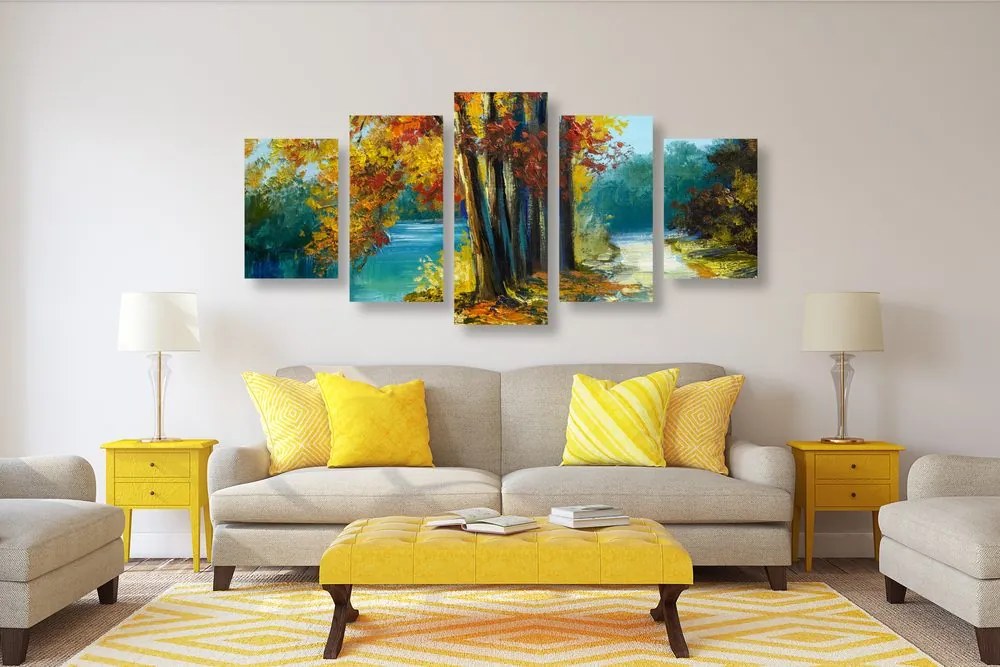 Quadri 5 pezzi – Alberi dipinti nei colori autunnali