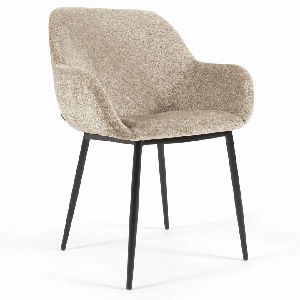 Kave Home - Sedia Konna in ciniglia vellutata beige con gambe in acciaio verniciato nero FR