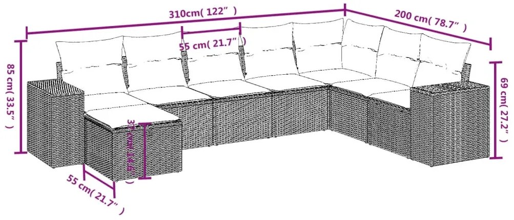 Set divani da giardino con cuscini 8 pz nero in polyrattan