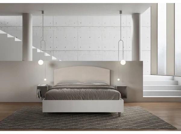 Letto matrimoniale e rete 160x190 in legno bianco e testata in microfibra sabbia Antilia
