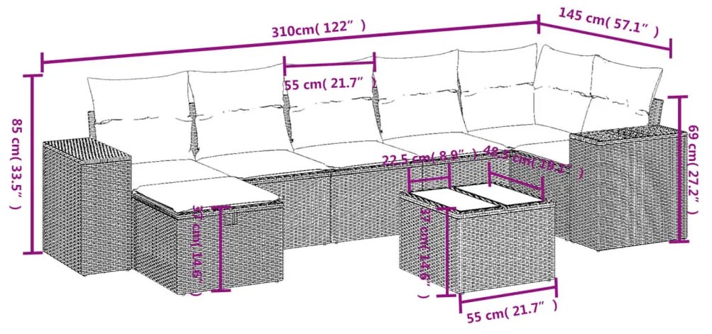 Set Divano da Giardino 8 pz con Cuscini Beige in Polyrattan