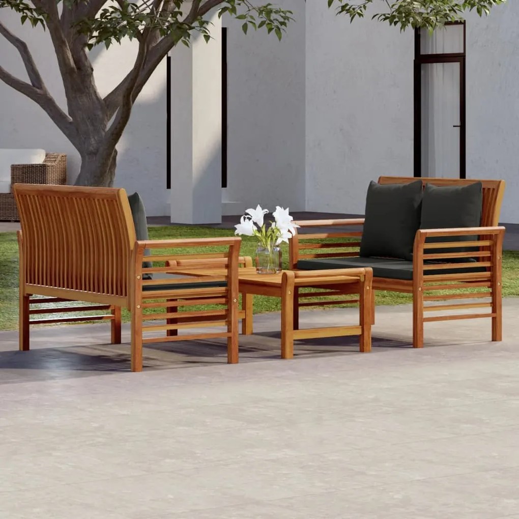 Set mobili da giardino 3pz con cuscini legno massello di acacia