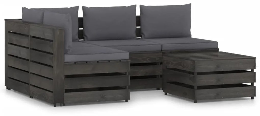 Set Salotto da Giardino 5pz con Cuscini Legno Impregnato Grigio