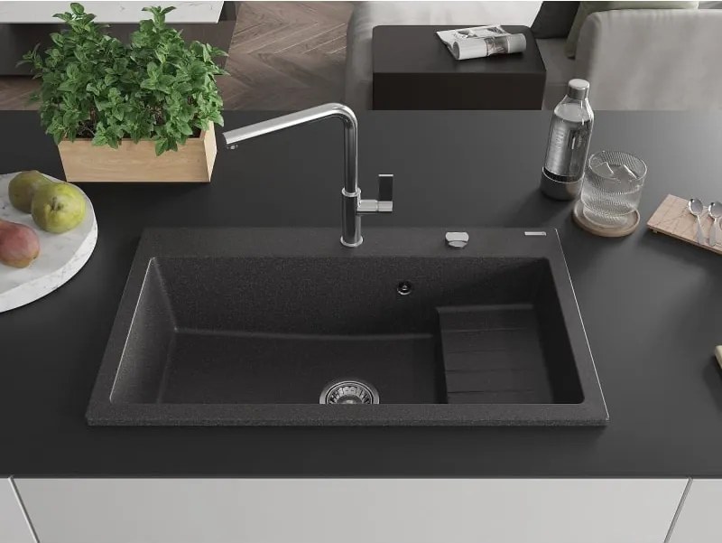 Mexen Omar lavello in granito 1-vasca 800 x 480 mm, nero maculato, sifone cromato - 6520801005-76