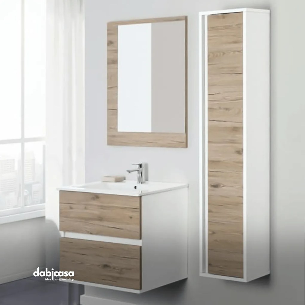 Mobile Bagno Sospeso "Fabula" Da 60 Cm Composto Da Due Cassetti Lavabo E Specchio Finitura Bianco/Rovere Di Bordeaux