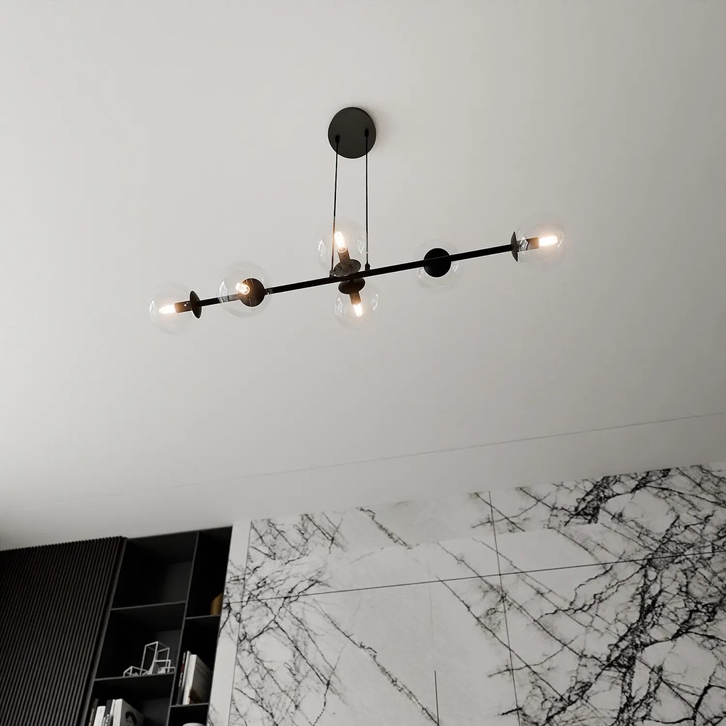 Lampadario Contemporaneo 6 Luci Durga In Acciaio Nero E Sfere Vetro Trasparente