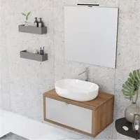 Composizione bagno sospesa Nyumba rovere con cassetto grigio cielo 80x40 comprende lavabo, specchio e lampada LED