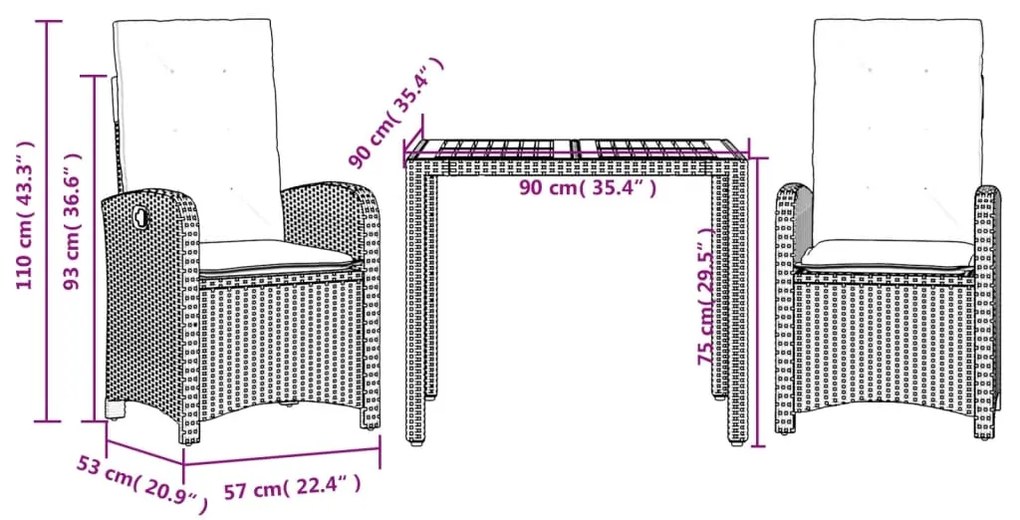 Set da Pranzo da Giardino 3 pz con Cuscini Nero in Polyrattan