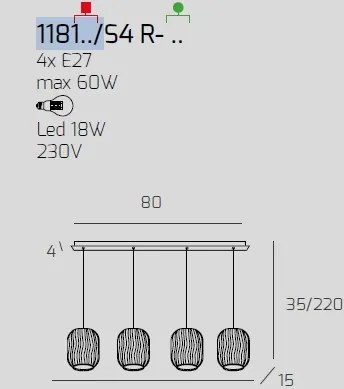 Sospensione bianco 4 luci rettangolare vetri 2x tr + 2x bf 1181bi-s...