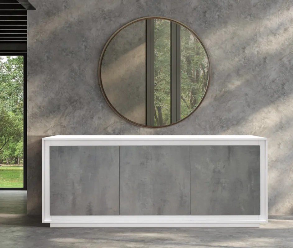 Credenza LAMPEDUSA in legno bianco frassinato, ante finitura grigio cemento, 180&#215;50 cm