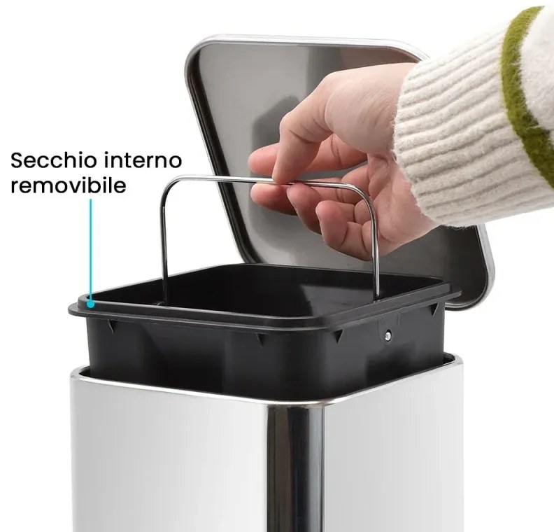 Cestino bagno cromato 3lt apertura a pedale e secchio removibile